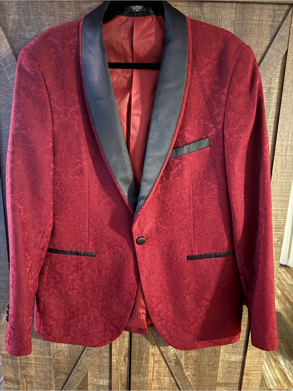 Men's Burgundy Paisley Shawl Lapel Blazer with Black Trim
